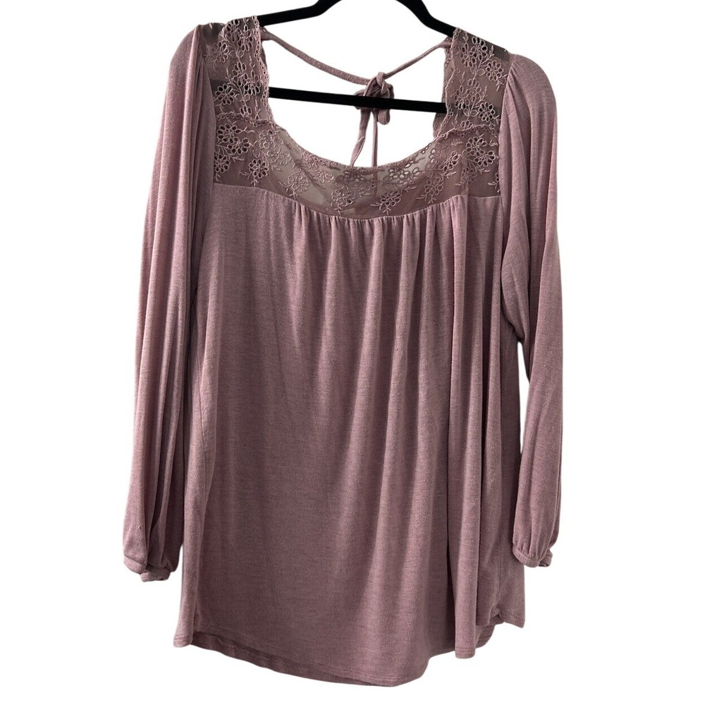 Lace Yoke Knit Blouse L Mauve Back Tie Long Sleeve Boho Romantic Cottagecore